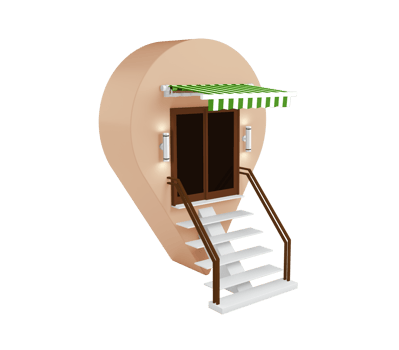 Unusual 3d illustration of a Ice cream Shop building with red awning and outdoor pin location map png