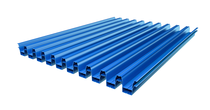 Corrugated iron sheet, canopy frame aluminum Facade of a warehouse Metal corrugated Blue roof sheets stack 3d illustration 3d rendering png