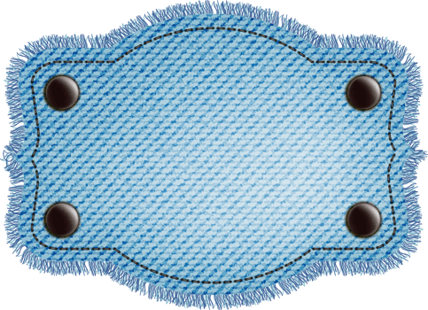 Blue denim patch with stitch, rivets and fringe. Light blue denim. Vintage patch png