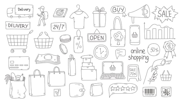 Shopping doodle elements set vector
