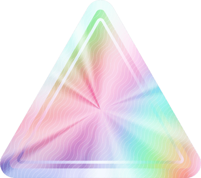 Holographic sticker. Rainbow label gradient stamp. Metal texture badge. Iridescent rainbow foil in triangle shape. Neon emblem png