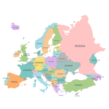 Europe Map Full Color High Detail Separated all countries png