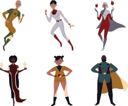 Superheroes set. Cartoon characters in various poses. Vector illustration