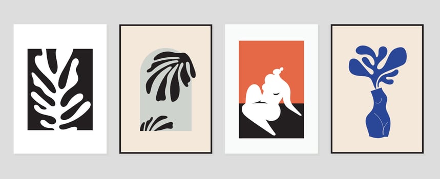 Set of abstract cover background inspired by matisse. Nude female body, posture, coral, flower, vase. Contemporary aesthetic illustrated design for wall art, decoration, print, wallpaper. vector