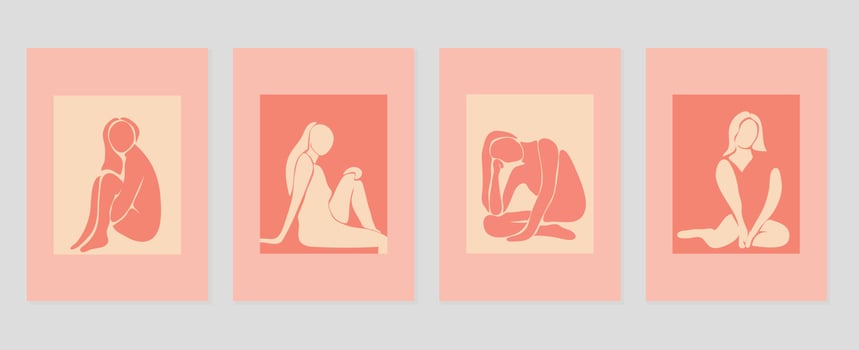 Set of abstract cover background inspired by matisse. Nude female body, posture orange in hand drawn style. Contemporary aesthetic illustrated design for wall art, decoration, wallpaper, print. vector