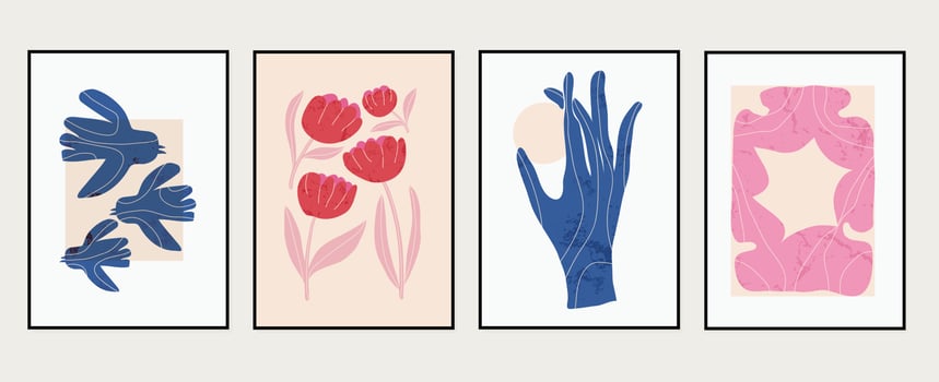 Set of abstract cover background inspired by matisse. Plants, bird, leaf, flower, hand, grunge texture. Contemporary aesthetic illustrated design for wall art, decoration, print, wallpaper. vector