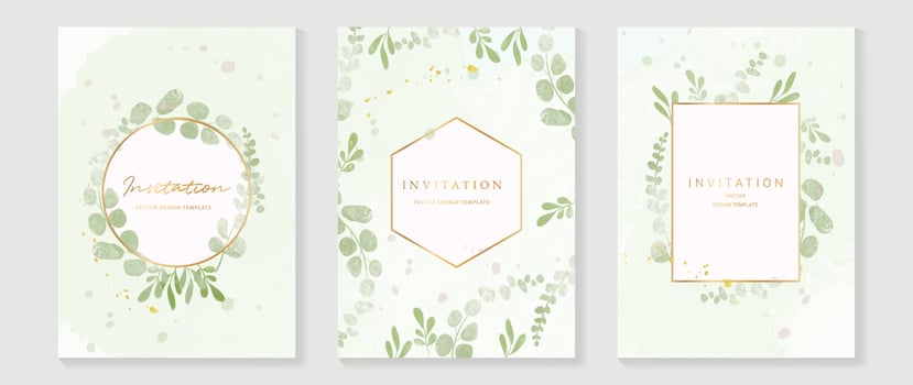 Luxury wedding invitation card background vector. Elegant watercolor texture in plant, leaf, gold border. Spring floral design illustration for wedding and vip cover template, banner, invite. vector