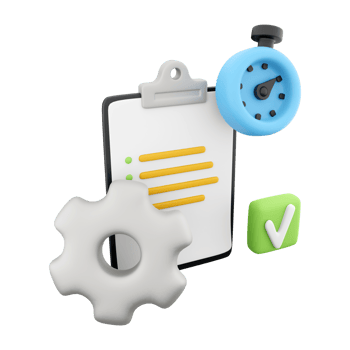 3d rendering clipboard with alarm clock and gear icon. 3d render timer gear and blank note icon. Clipboard with alarm clock and gear. png