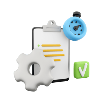 3d rendering clipboard with alarm clock and gear icon. 3d render timer gear and blank note icon. Clipboard with alarm clock and gear. png