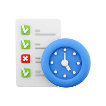 3d rendering timing concept with clock and check list on clipboard icon, 3d render clipboard with complete checklist icon. Timing concept with clock and check list on clipboard. png