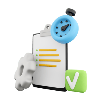 3d rendering clipboard with alarm clock and gear icon. 3d render timer gear and blank note icon. Clipboard with alarm clock and gear. png