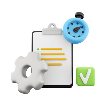 3d rendering clipboard with alarm clock and gear icon. 3d render timer gear and blank note icon. Clipboard with alarm clock and gear. png