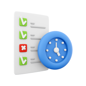 3d rendering timing concept with clock and check list on clipboard icon, 3d render clipboard with complete checklist icon. Timing concept with clock and check list on clipboard. png