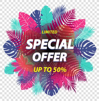Special offer label design for poster, leaflet, placard, newsletter, promotion with tropical leaves. Vector illustration.