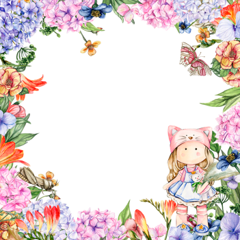 Watercolor square flower frame in cartoon style with a cute girl doll in a dress. Cartoon hand drawn background with flower princess and yellow flowers for kids design. Perfect for wedding invitation. png