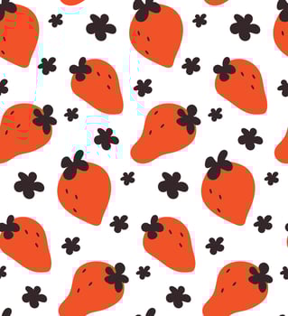 Abstract pattern strawberry with black flowers on white background. Flat berry vector