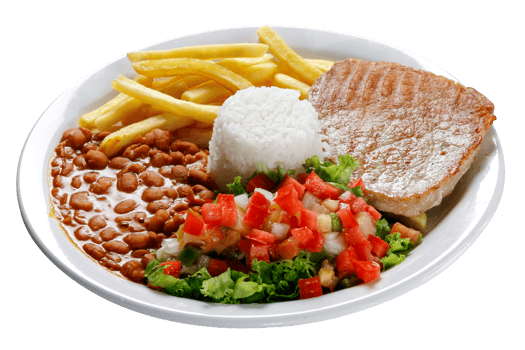 Rice, beans, grilled pork, salad and french fries png