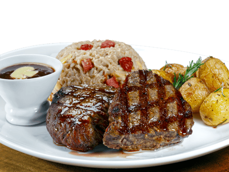 Grilled steak with rice and boiled potatoes png