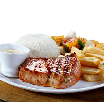 Grilled pork with rice, farofa and french fries png