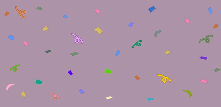 Illustration of colorful popping ribbon confetti vector illustration isolated on purple background.