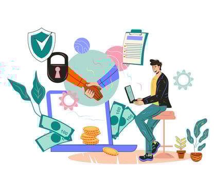 Business concept of smart contract and secure deal with businessman signing online agreement. Insurance of commercial online transactions and security guarantee, flat vector illustration.