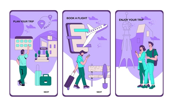 Booking online application for tourism and traveling onboarding screens set. Mobile pages design for flight tickets and hotel booking, travel service. cartoon vector illustration.