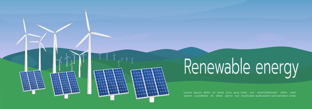 Wind turbines and solar panels banner. Renewable energy. The concept of alternative electricity production on natural background. vector
