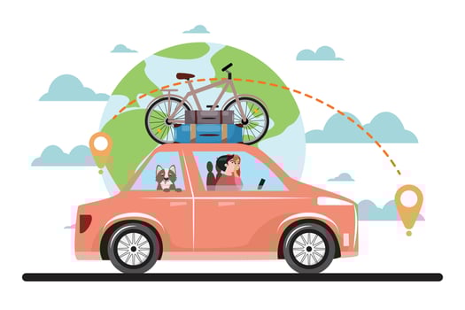 Couple and their dog traveling around the world by car. vector