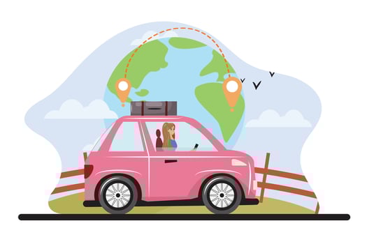 Pretty woman traveling with a pink car. Road trip illustration with a woman and car. vector