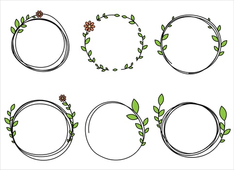 Hand drawn circle frame decoration element with leaves and flowers clip art vector