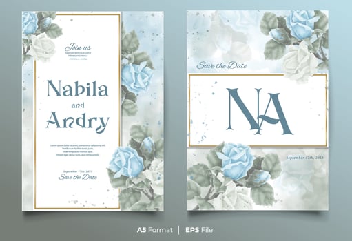 watercolor wedding invitation card template with blue and green flower ornament vector