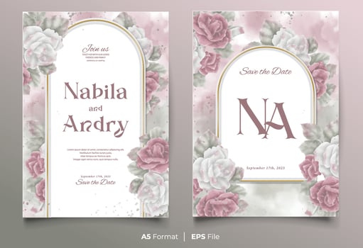watercolor wedding invitation card template with red and white flower ornament vector