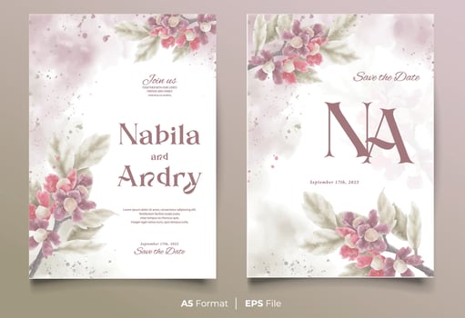 watercolor wedding invitation card template with purple and red flower ornament vector