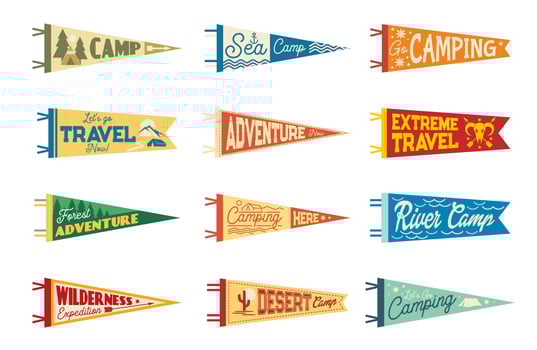 Camping pennant flags, camp and tourism pendants vector