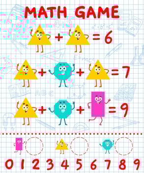 Addition math game with cartoon shape characters vector