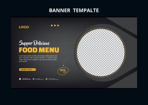 Restaurant food menu social media marketing web banner. Pizza, burger or hamburger online sale promotion video thumbnail. Fast food website background. Food flyer with logo and business icon. vector