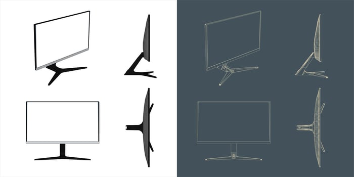 Vector Desktop Monitor Computer screen illustration line blueprint wireframe with transparent background for you design