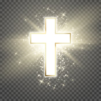 White Cross with golden frame and shine symbol of christianity. Symbol of hope and faith. Vector illustration