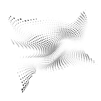 Abstract halftone background with dynamic waves. Warp dots surface. Twisted line and particles. Vector illustration for design isolated on white