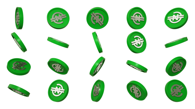 3D rendering of Abstract Nigerian enaira coin concept in different angles. e naira sign on coin design isolated on transparent background png