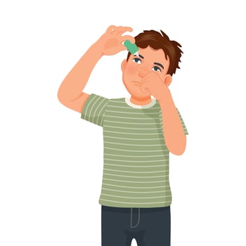 young man using eye drops treatment for conjunctivitis or eye dryness vector