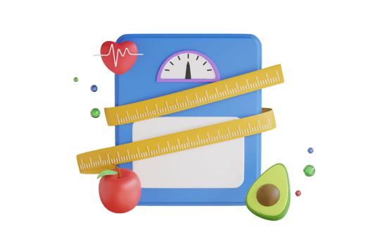3D Illustration of Weighting scales with measuring tape. Scales, red apple, avocado and centimeter to measure. 3D Illustration png