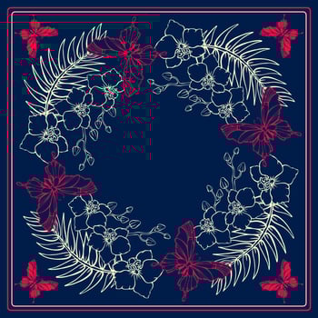 Botanical square pattern with tropical flowers and butterflies. Bandana. Vector. vector