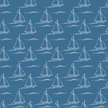 Sailboat and wave. Seamless pattern with cartoon boats. Vector texture.