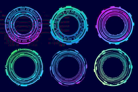 HUD futuristic elements. Abstract optical neon aim. Circle geometric shapes for virtual interface and games. Camera viewfinder for sniper weapon. Vector set