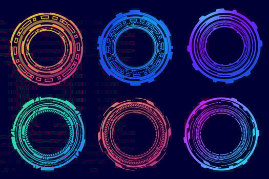 HUD futuristic elements. Abstract optical neon aim. Circle geometric shapes for virtual interface and games. Camera viewfinder for sniper weapon. Vector set