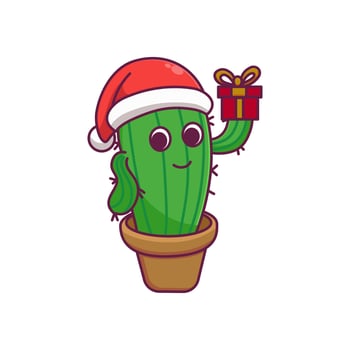 Cute cartoon Cactus character holding gift box in vector icon illustration