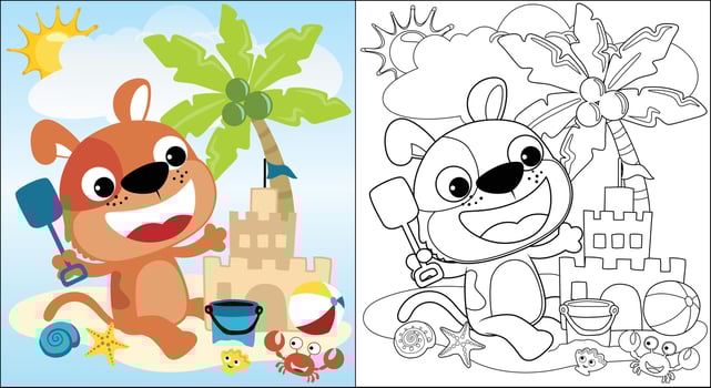 Vector cartoon of cute puppy build sand castle with marine animals, beach summer elements, coloring book or page