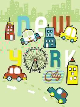 Hand drawn little cars cartoon in city on buildings background, little town element vector