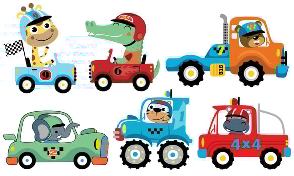 Vector set of cartoon racing car with funny animals racer